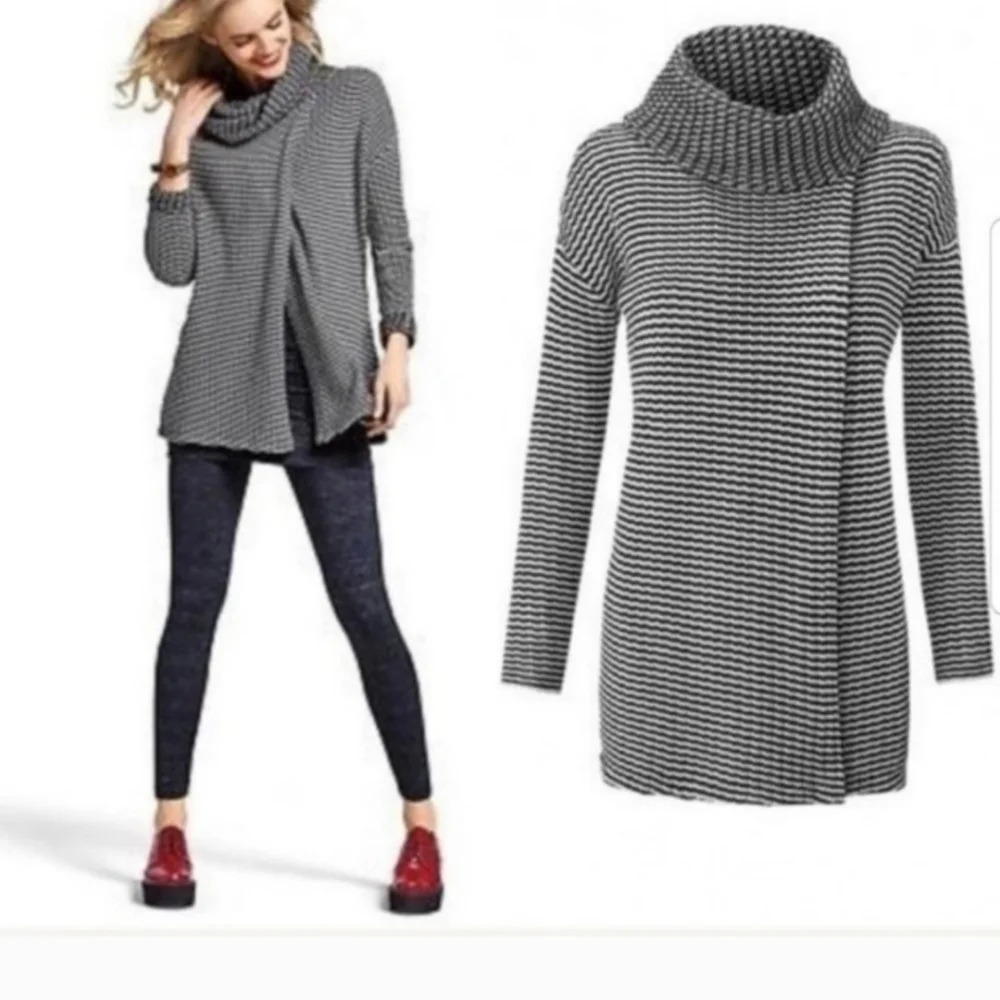 Cabi fergie striped long sleeve cowl neck black white sweater